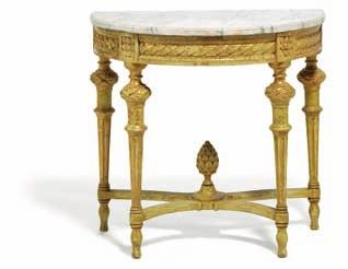 DKK 20,000 / 2,700 231 a demi lune swedish giltwood console with faux marble top, round fluted legs