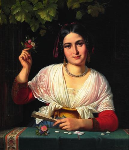 5 5 WILHELM MARSTRAND b. Copenhagen 1810, d. s.p. 1873 "En Albanerinde i Carnevalet". A Roman girl in a windowsill during the carnival. Signed and dated W. Marstrand 1851. Oil on canvas. 86 x 70 cm.