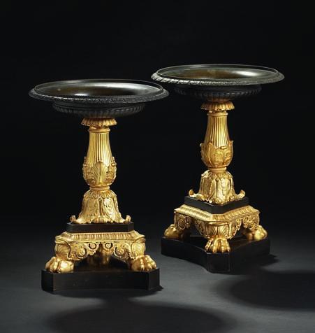267 267 a pair of charles X gilt and patinated bronze centerpieces, each with circular bowl above tapering fluted stem with foliate mounts,