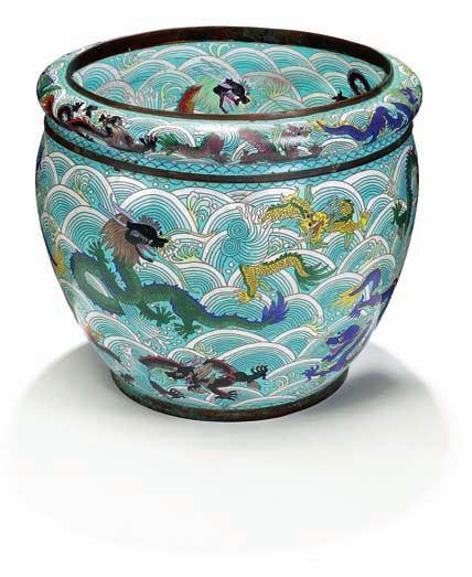 336 336 Chinese enamel/cloisonne fish basin, decorated in colours with dragons in waves. 19th century. Diam. H.