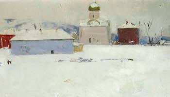 352 352 r ussian P ain ter, late 19th cen tury a russian village at winter time. unsigned. Oil on panel. 26 x 44 cm.