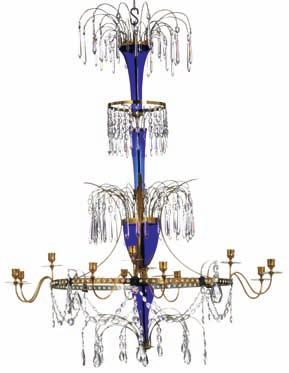 361 large russian cobalt glass, gilt-brass and bronze chandelier, decorated
