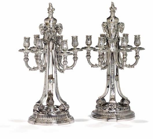 382 382 a pair of German silver six-light candelabra, cast with ram heads, garlands and foliage, threefold stem on circular base.