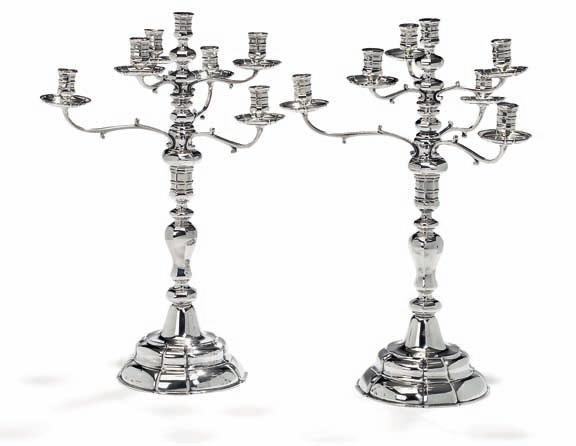 383 383 a pair of danish silver seven-light candelabra, baluster shaped stem on domed base.
