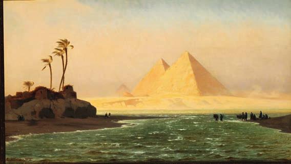 17 17 CARL NEUMANN b. Copenhagen 1833, d. s.p. 1891 "Pyramiderne ved Gizeh; Ørkenvinden Chamsin blæser". The Pyramids of Giza. The desert wind Chamsin is blowing. Signed and dated C. Neumann 75.