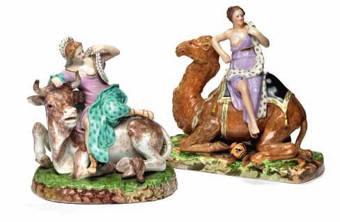 424 423 423 "europe on the bull", porcelain figure group, decorated in overglaze colours in the shape of a woman in classical robes, seated on a recumbent bull.