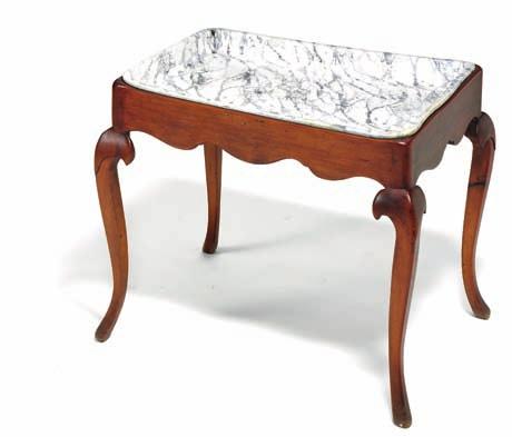 436 436 Faience tray top-table, grey-green marbled plate on white ground. rococo base of stained pine, scalloped apron on cabriole legs.