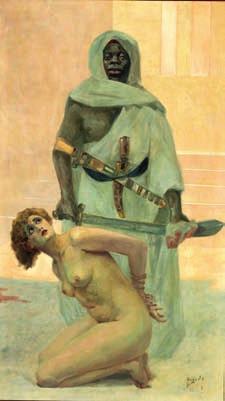 21 CD HUGO V. PEDERSEN b. Copenhagen 1870, d. 1959 "Africa". Naked frightened young girl kneeling in front of a warrior. Signed Hugo V. P. Oil on canvas. 162 x 93 cm.