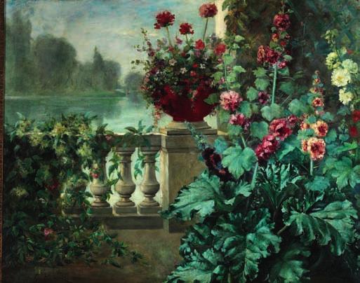 60 60 GUSTAVE LAROZE, French painter, 19th century Hollyhocks in bloom on a terrace near a lake.