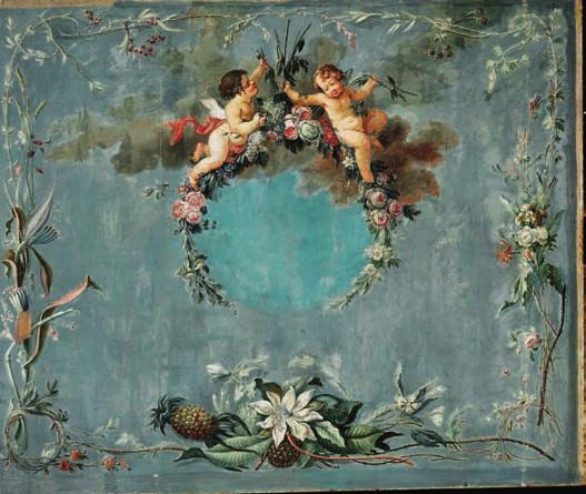 63 63 PAINTER UNKNOWN c. 1775 Large panel decorated with angels seated on flower branches, borders of flowers and fruit encircle them. Blue background. Unsigned. Oil on canvas.