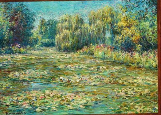 92 92 CD BLANCHE HOSCHEDÉ MONET b. Paris 1865, d. Giverny 1947 Impressionistic summer landscape with water lilies in a stream, presumably from Giverny. Signed Blanche Horschedé. Oil on canvas.