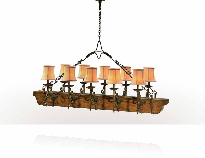 7 Mary Rose 2300-001 A wrought iron and rustic mahogany refectory chandelier, the bow spring with chain link supports above a long keel centre
