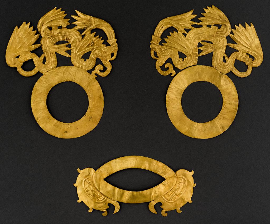 (/art/exhibitions/golden_kingdoms/images/explore/gm_357333ex1_x1024.jpg) Face Ornaments of Quetzalcoatl, 800 1100, Maya culture; gold.