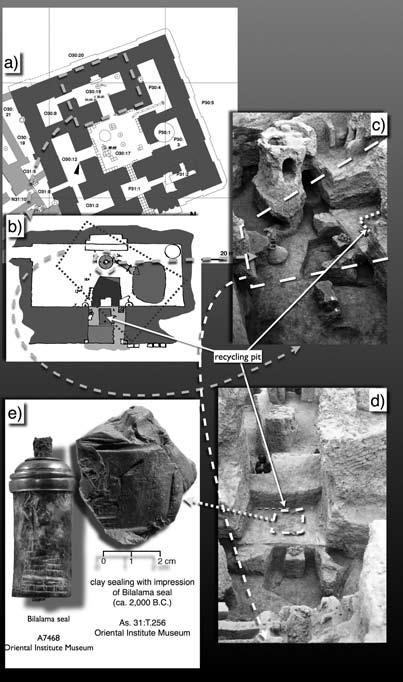 ): a) Plan; b) sketch of cella from Seton Lloyd s field notebook; c) photograph of cella (from northwest) during excavation, showing location of burnt floor and of drains; d) close-up of larger