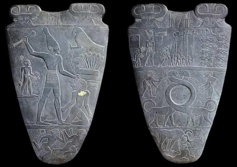 *Palette of King Narmer Predynastic Egypt c. 3000-2920 B.C.E. Greywacke Palettes were flat, minimally decorated stone objects used for grinding and mixing minerals for cosmetics.