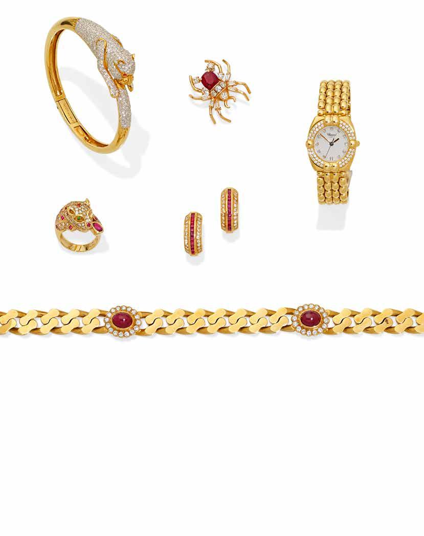 26 25 30 27 29 28 25 A DIAMOND, RUBY AND 18K GOLD PANTHER BANGLE BRACELET estimated total diamond weight: 3.20cts; gross weight approximately: 40 grams; diameter: 2 1/4in.