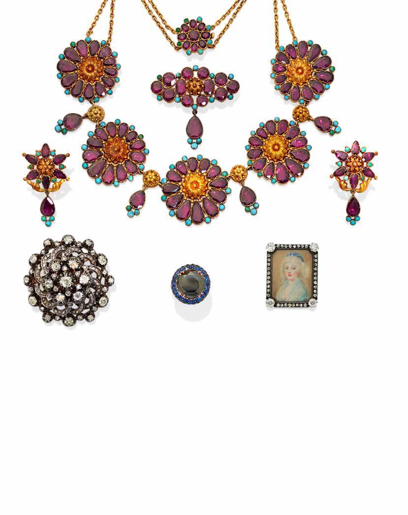 58 60 61 59 PROPERTY OF VARIOUS OWNERS 58 AN ANTIQUE SUITE OF GARNET, TURQUOISE AND GOLD JEWELRY, CIRCA 1880 comprising a necklace, brooch and earrings; gross weight approximately: 86 grams; necklace