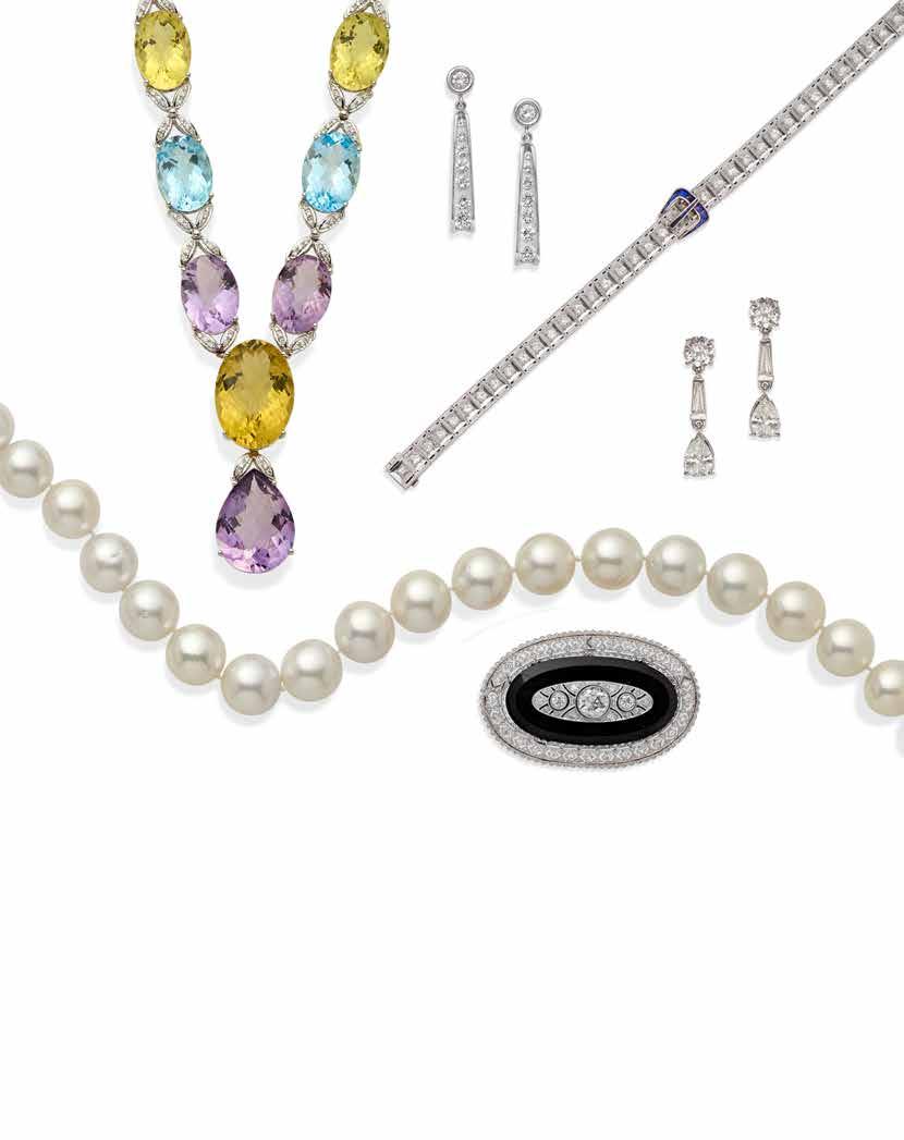 351 350 352 353 349 354 349 A CULTURED PEARL, DIAMOND AND 14K GOLD NECKLACE pearls approximately 14.2mm to 12.2mm; length: 19in.