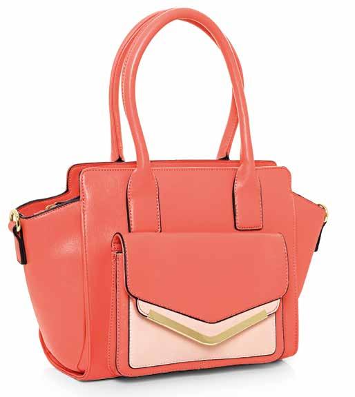 BACK VIEW 58069 Coral leather-look handbag. Peach leather-look detail.