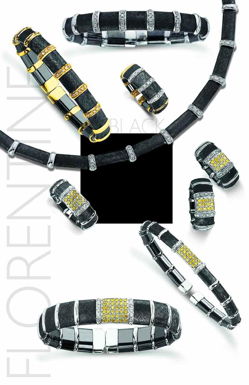 LAK GOL, YLLOW & WHIT IAMONS OLLTION Our patented uro-lex bracelet in bold black gold with a hand lorentine finish is offset by dramatic natural fancy yellow diamonds.