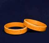 A flexible bangle bracelet that has the words Hope, Faith, Love with orange ribbons. Adult: (B-22-5H) Size: 7 1/2 in. Qty: 18/pkg.