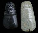 Lot #415: THREE PRE-COLUMBIAN JADE SPOOLS TOGETHER WITH TWO JADE BEADS 2 1/4 to 2 3/4 in. diam., beads: 1/2 in.