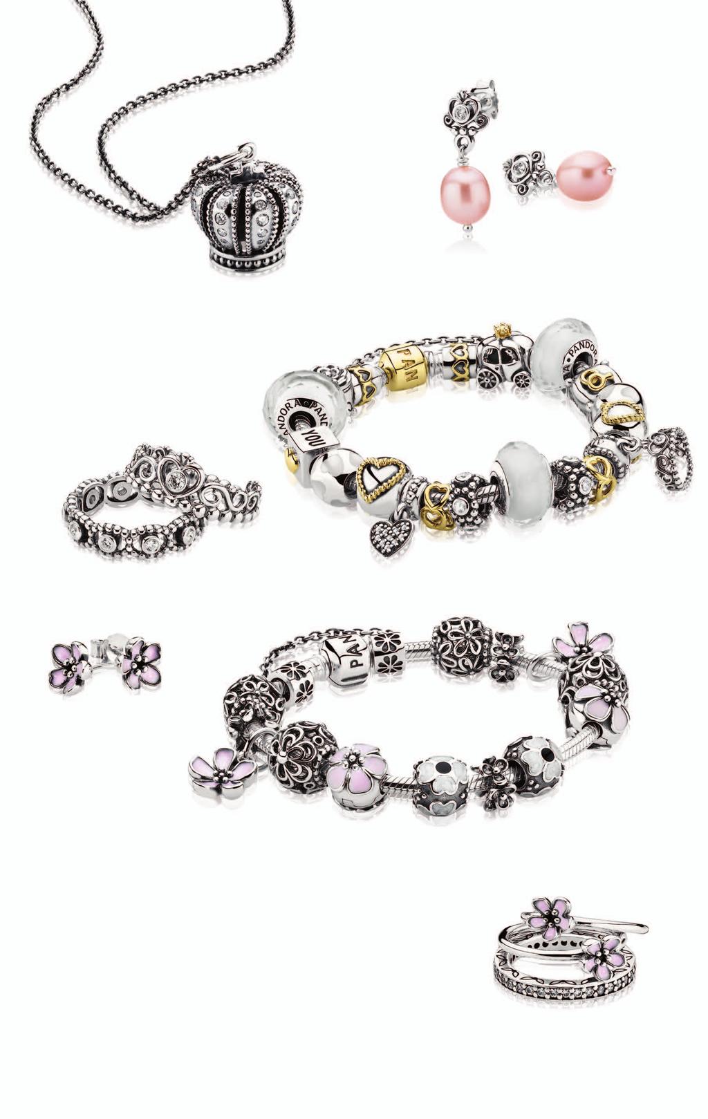 A A. Royal crown pendant, $110; oxidized chain, $95. My sweet princess, pearl earrings, $65. Pandora bracelet with featured charms starting at $45. Her majesty ring, $70. My princess ring, $45.