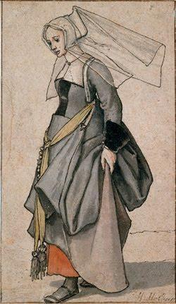 However, the portraits and figures up to 1537 show a softer falling of the skirts suggesting that the farthingale was not worn at this time. Figure 20: Sketch by Hans Holbein c.