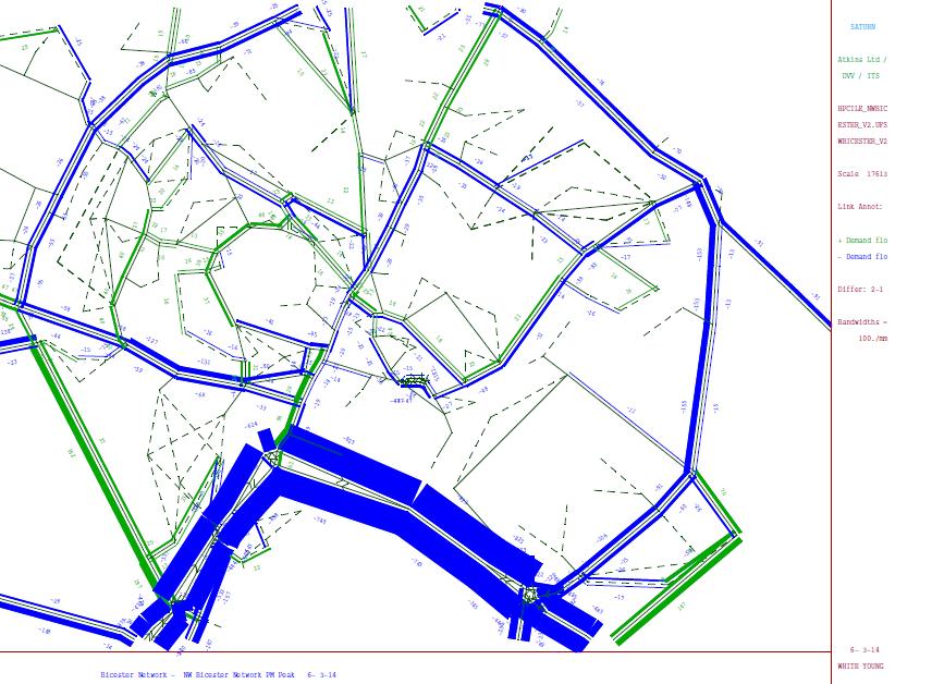 Figure 9: Traffic Flow Difference for NW Bicester with SE Link Road PM Peak Hour The flow changes give an indication of locations where there could be benefits.