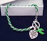 A flexible bangle bracelet that has the words Hope Faith Love with green ribbons. Adult: (B-22-13H) Size: 7 1/2 in. Qty: 25/pkg.
