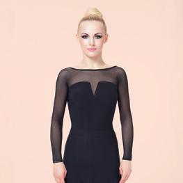 Featuring elegant long stretch net sleeves, low V shape back neckline finished with a classic, simple waistband