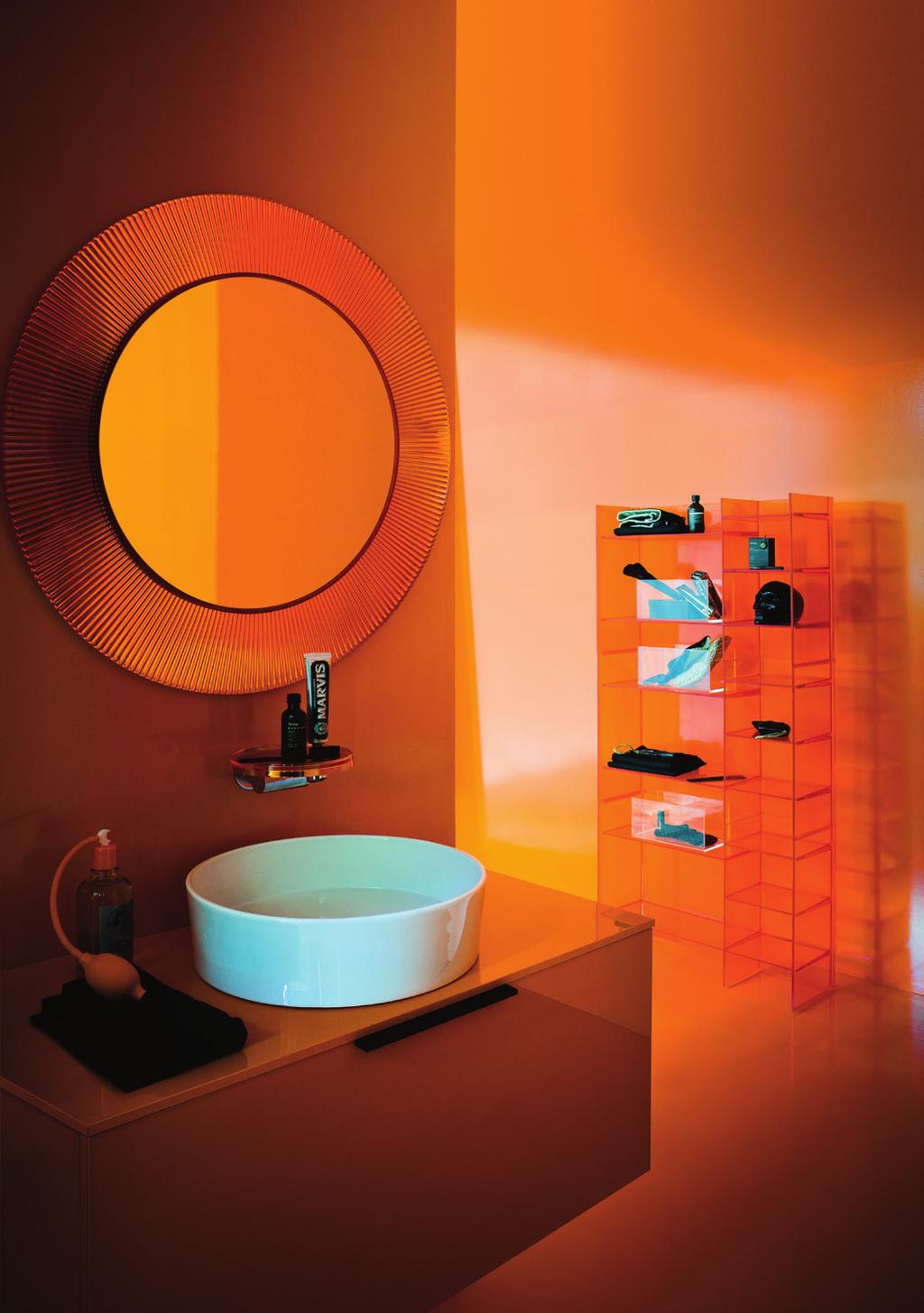Washbasin bowl 42 Drawer element 900 Wall-mounted mixer disc tangerine orange Rack 'Sound-rack' tangerine orange Mirror 'All Saints' tangerine orange Orange touch Then there's the