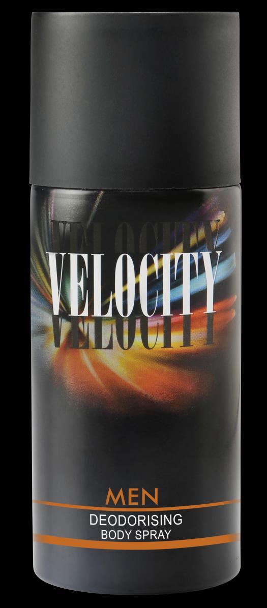 VELOCITY MEN BODY SPRAY Velocity body spray is an exclusive deodorizing body spray with an energizing blend of fresh citrus, lavender and musk for a long lasting freshness.