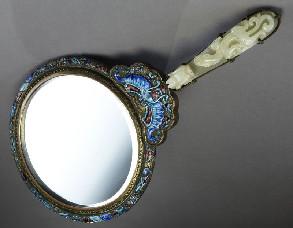3 Chinese Ming jade mounted mirror, the enamel over bronze mirror back () depicting phoenix and peonies, the jade