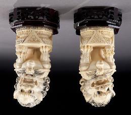 8 Pr. Chinese carved ivory foo dogs, regulations prior to bidding) raised on carved wood