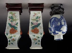 Famille rose vases depicting peaches, lotus and peony; (1) blue and white jar depicting