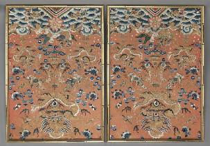 77 Pr. Chinese Qing embroidered framed panels depicting dragons, phoenix and waves.