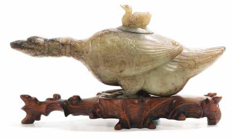 Lot 6036 6036 A Jade Goose-Form Censer 17th Century The recumbent goose with its slender neck extended forward, its plumage rendered in low relief carvings referencing ancient bronze motifs, the oval