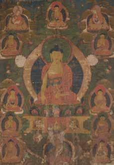 Religious Art 6102 A Tibetan Painted Thangka Qing Dynasty Depicting Shakyamuni Buddha to the center seated in dhyanasana with his hands held in bhumisparsha mudra, surrounded by smaller images