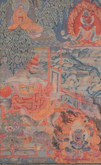 between pairs of Buddhist dragons and snow-lions, all below a large parasol flanked by banners, with a colorful silk panel covering the front depicting auspicious symbols.