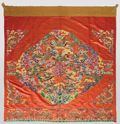 Textiles 6123 A Large Embroidered Dragon Panel Late Qing Dynasty Centrally depicting five five-clawed dragons in gilt-wrapped threads enclosed within a quatrefoil reserve of colorful cloud meanders