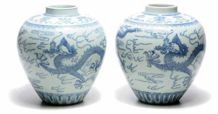 Lot 6157 6157 Two Underglaze Blue Dragon Jars Qianlong Marks and of the Period Both painted with two sinuous dragons chasing flaming pearls among ruyi scrolls above a ruyi lappet band around the