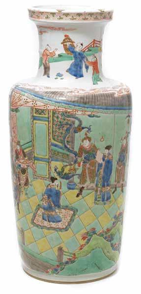 6167 A Famille Verte Rouleau Vase Kangxi Period Decorated with an interior scene of various characters from the Romance of the Three Kingdoms novel,