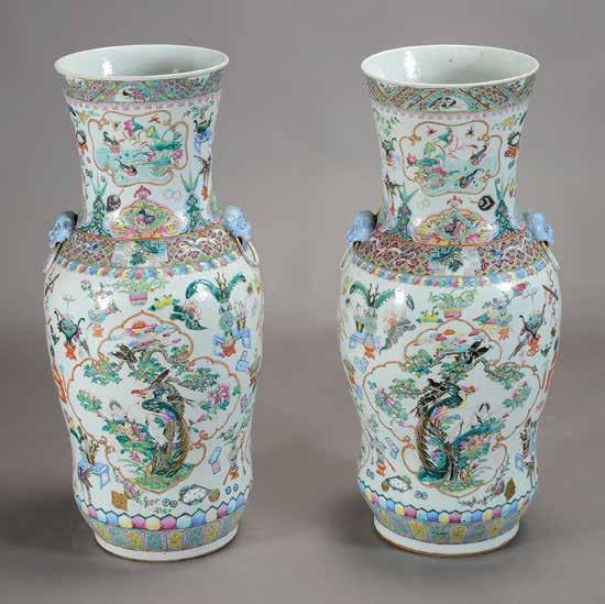 6 cm) Estimate: $1,000 / 1,500 6171 A Pair of Massive Famille Rose Vases 19th Century Each vase heavily decorated with variously shaped panels containing