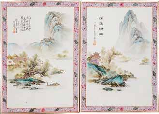 46 6186 Two Famille Rose Porcelain Plaques 20th Century Each depicting an idyllic landscape scene featuring dwellings by a river and with a mountain in background, inscribed,