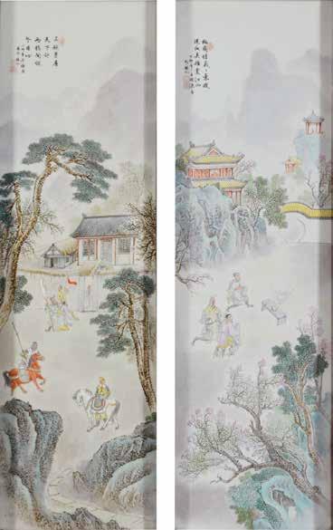 29 1/4 x 8 1/4 inches (74.3 cm) each excluding frame Estimate: $6,000 / 8,000 6189 Two Famille Rose Porcelain Plaques Signed Wang Xiaoquan (b.