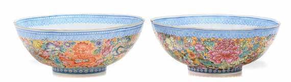 Lot 6190 6190 Two Mille Fleur Eggshell Porcelain Bowls Jingdezhen Marks, Late 20th Century Both heavily decorated with colorful flowers, one also displaying five sinuous dragons above crashing