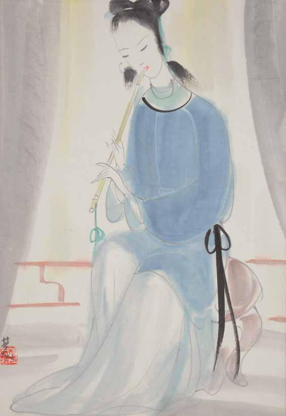 Lot 6218 6218 Lin Fengmian (1900-1991): Lady with Flute Mounted, ink and color on paper, with the artist s signature