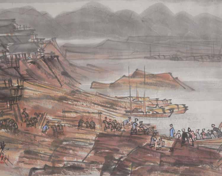 Lot 6224 6224 Lin Fengmian (1900-1991): Boats at Shore 1940s Mounted, ink and color on paper, signed with one seal of the artist, framed