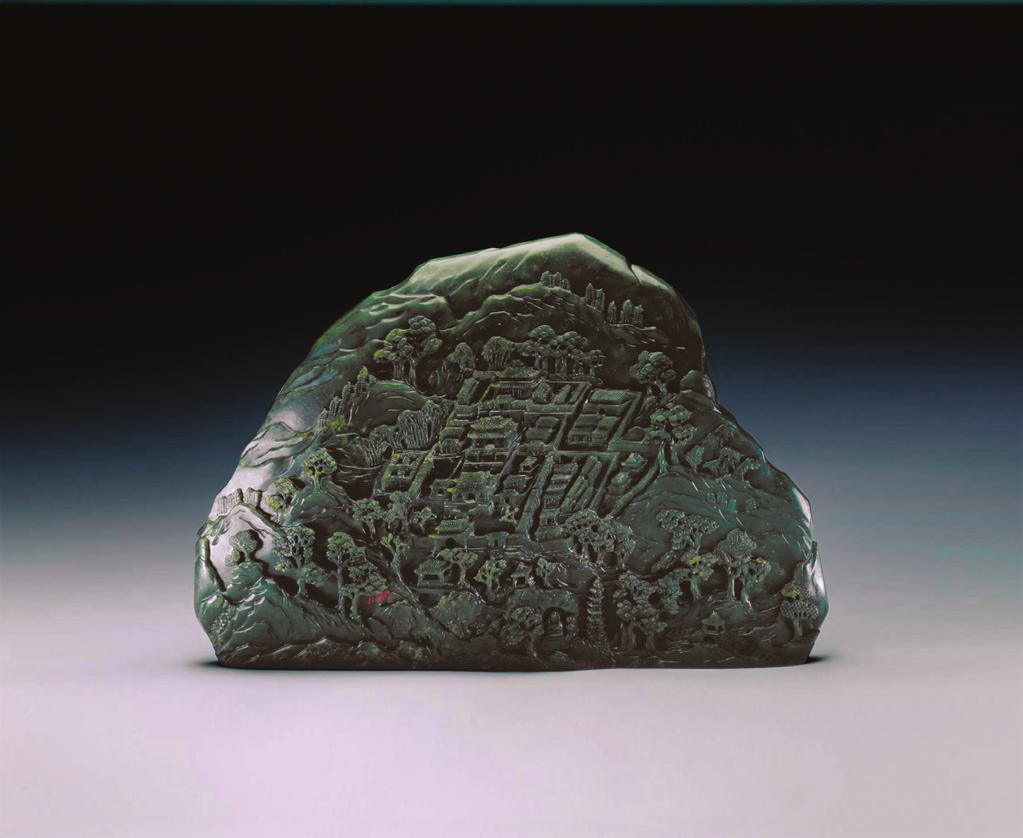 18 Spinach Jade Boulder with Pavilions in the Immortal-Inhabited Mountains Height 22.9 cm, width 22.